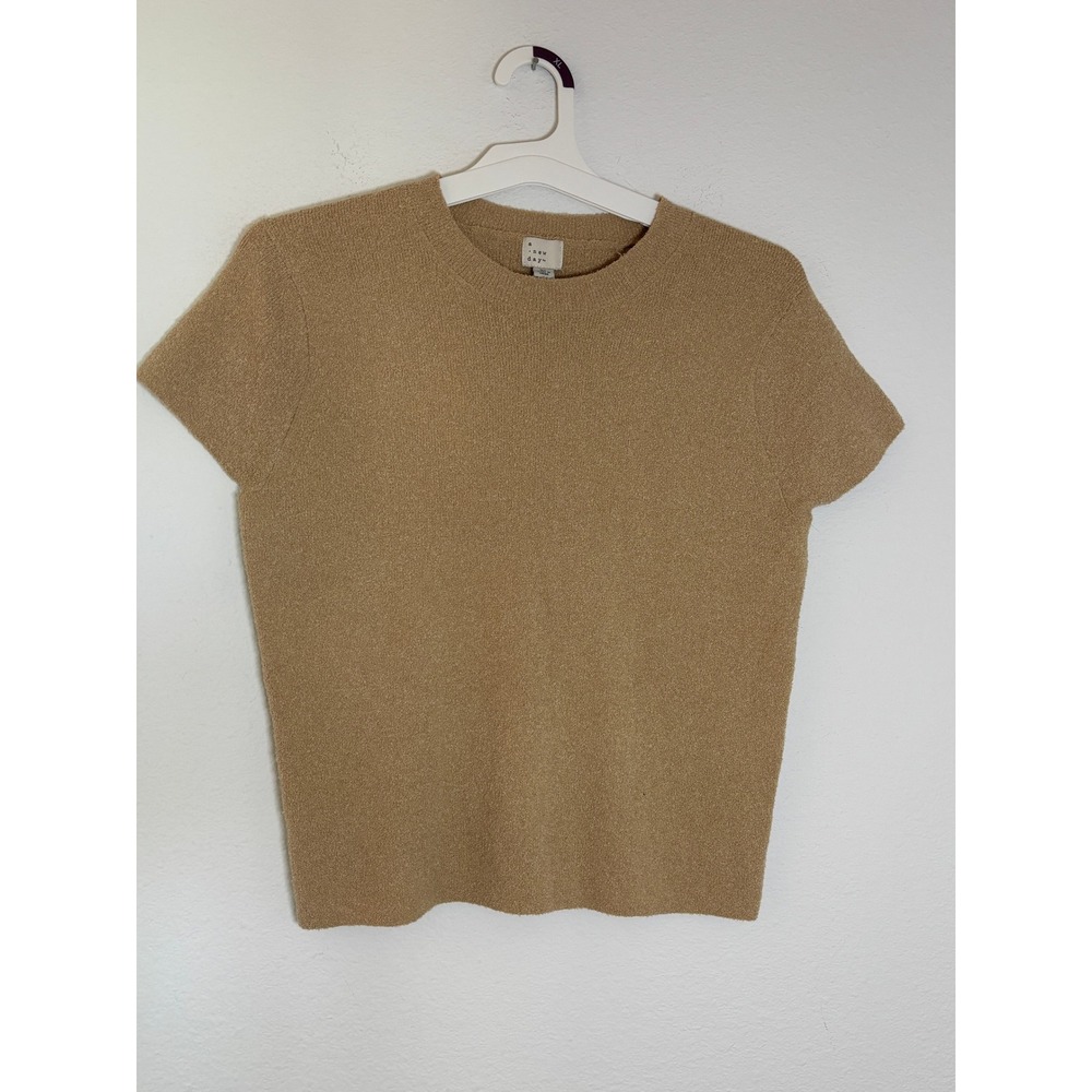 A New Day Womens XL Tan Short Sleeve Knit Sweater Crew Neck Boucle Top